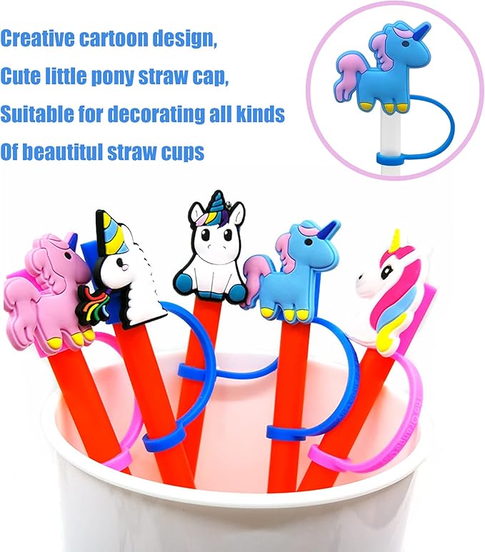 11Pcs Cute Silicone Straw Covers Cap,RENUIS Straw Cap Toppers for Tumblers,Reusable Portable Drinking Straw Tips Lids, Dust-Proof Straw Plugs Soft Protector Cover for 6-8 mm Straws (Unicorn Theme)