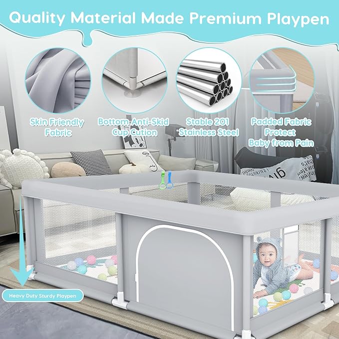 Fshibila 50" ×50" Baby Playpen with Mat, Baby Playard for Babies and Toddlers, Play Pens for Indoor & Outdoor, Sturdy Safety Play Yard with Soft Breathable Mesh, Anti-Fall, Ball x 18, Handle x 2, Grey