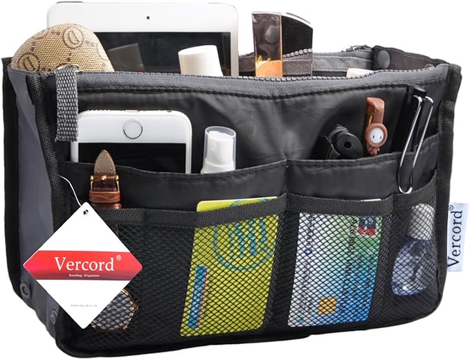 Vercord Purse Organizer Insert for Handbags Bag Organizers Inside Tote Pocketbook Women Nurse Nylon 13 Pockets Black Small