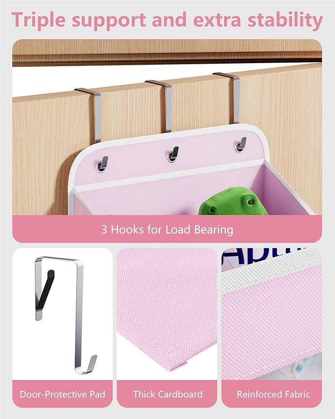 OneDream 5-Tier Over the Door Organizer with Removable Storage Caddy, Baby Clothes Organizer for Nursery, Hanging Behind Door Storage with Clear Pockets and Side Mesh Compartments, Pink