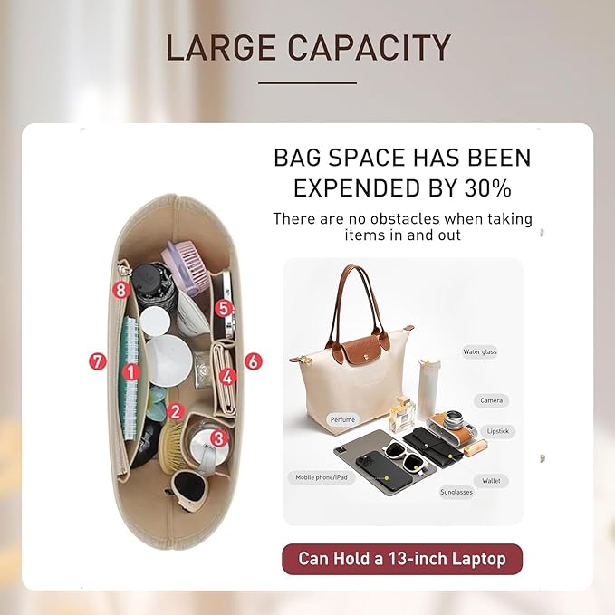 Doxo Felt Purse Organizer Insert,Handbag Organizer Compatible with Longchamp Le-pliage Large and More, Long Champ Bag Organizer Keeps Tote Handbags Shaped & Neat (Beige,Large)