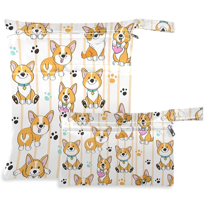 visesunny Corgi Dog 2Pcs Wet Bag with Zippered Pockets Washable Reusable Roomy for Travel,Beach,Pool,Daycare,Stroller,Diapers,Dirty Gym Clothes, Wet Swimsuits, Toiletries
