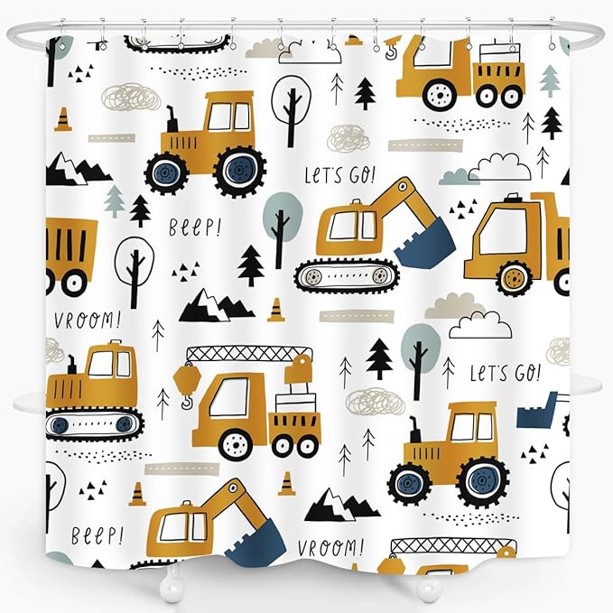 Construction Truck Shower Curtain Cartoon Excavator Vehicle Tractor Cars for Boys Kids Machinery Navy Blue Yellow Bathroom Decor Waterproof Fabric 72Lx72W Inch with Hooks