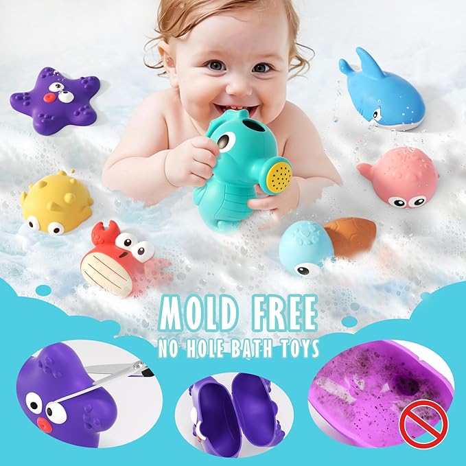 Mold Free Bath Toys for Toddlers, No Hole Baby Bath Toy Set with Storage Bag, Ocean-Themed Bathtub & Pool Toys for Infants 6-12 Months and Kids Ages 1-3, 2-4 & 3-5