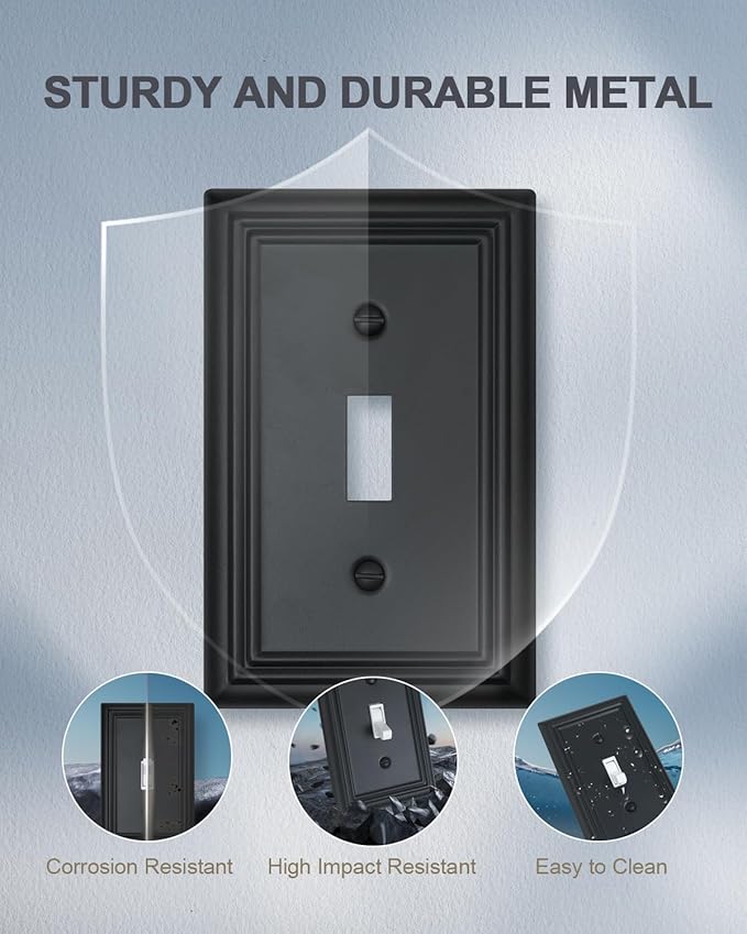 2-Pack Single Toggle Wall Plates, Decorative Black Switch Plate Covers, Metal Light Switch Covers, Durable Metal, 3.15''*4.88'', Midsize