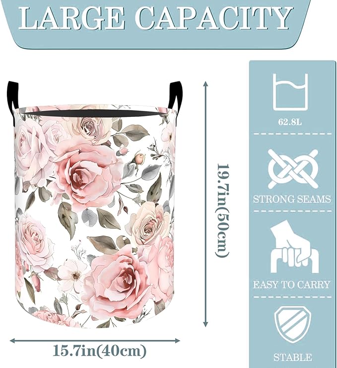 VODRM Elegant Rose Pink Floral Laundry Basket, Dirty Collapsible Clothes Toy Organizer Hamper for Kids Adults, Oxford Cloth Waterproof Storage Bin for Bedroom Bathroom Home Decor Gifts, 19.7"X15.7"