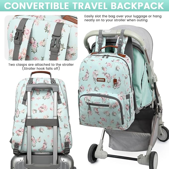 BILLITON MASHI Diaper Bag Backpack, Large Baby Nappy Bags with Portable Changing Pad for Boys and GirlsMultifunction Travel Baby Bag for Moms Dads, Shower Gifts Waterproof and Stylish，Flower Green