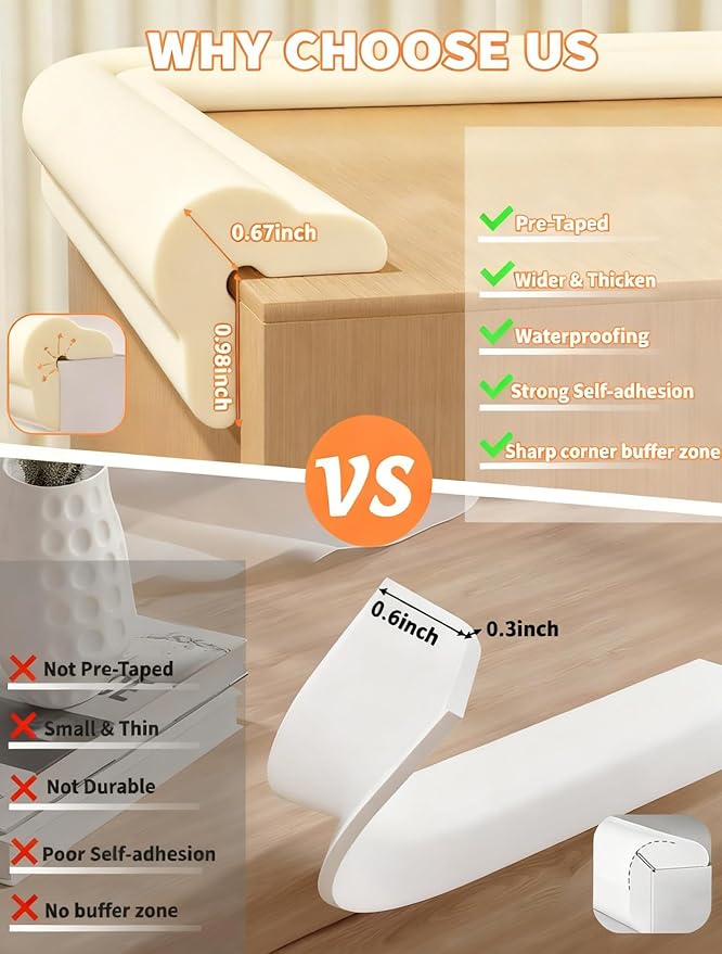 QYV Edge Protector for Baby Proofing, 6.6FT 0.67’’Th L-Shape Air Buffering Soft NBR Rubber Foam Furniture Edge Bumper Guards with 6 Corners, Pre-Taped, Thick Table Bumper Guard for Babies (Beige)