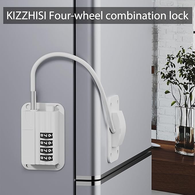 Fridge Lock (2 Pack), Heavy Duty Combination Refrigerator Lock, for Fridge, Cabinets, Window and Child Locks for Cabinets and Drawers, Strong Non-Marking Adhesive No Drilling (White)