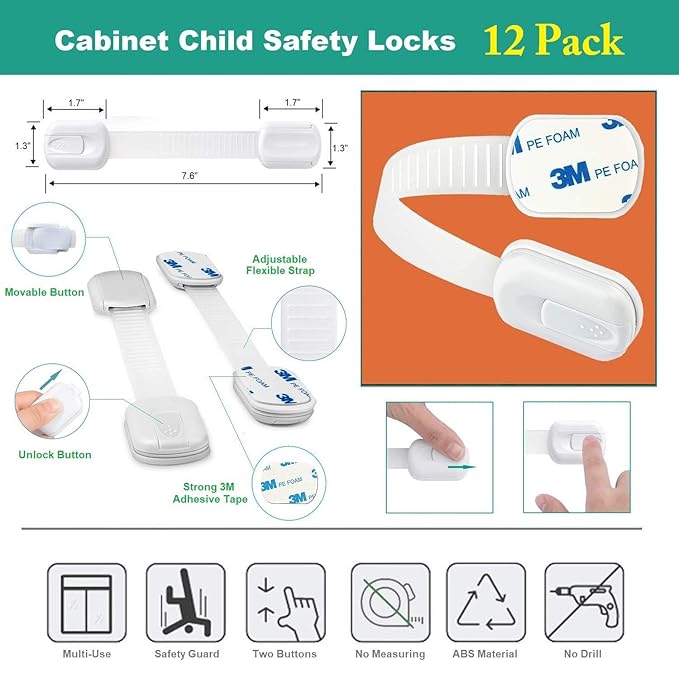 Child Safety Cabinet Strap Locks - OKEFAN 12 Pack Baby Proofing Adhesive Latches for Kids Drawer Cupboard Dishwasher Fridge Oven Door No Drill (White)
