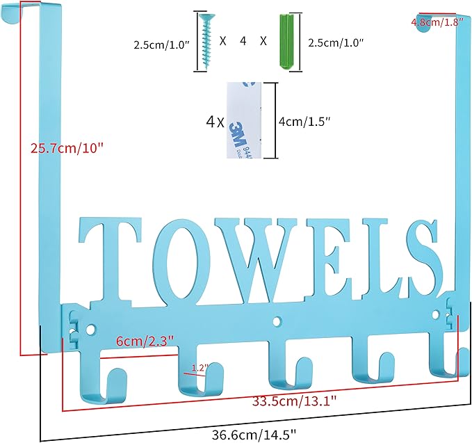Kuhome Over The Door Towel Holder - Hooks & Rack for Bathroom, Robe & Beach Towels (Blue)