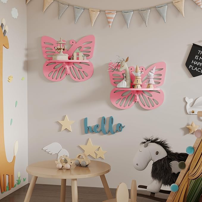 2-Tier Butterfly Wall Shelf - Nursery Decor Pink Floating Corner Shelves, Cute Wall Display Rack Bookshelf for Kid’s Room, Solid Wood Hanging Hollow Out Shelf for Toys, Plants and Decorations Storage
