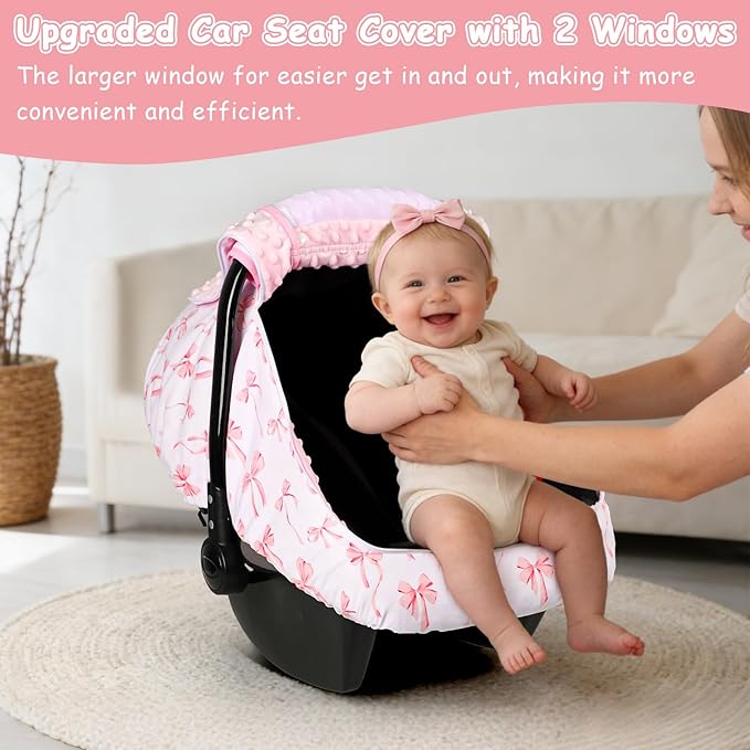 Baby Car Seat Cover with Mesh Window, Windproof Carseat Cover for Infant Girls, Infant Carseat Canopy with with Dual Zipper, Compatible with Most Baby Car Seat, Pink Bow