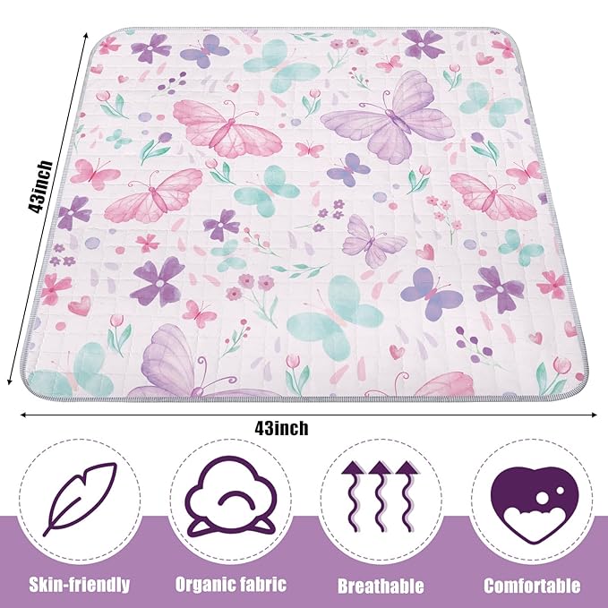 Funtery 43 x 43 Inch Boho Baby Play Mat Portable Crawling Washable Foldable Tummy Time Non Slip Baby Floor Large Playpen Mat for Infants Toddlers Floor Playpen Activity(Butterfly)