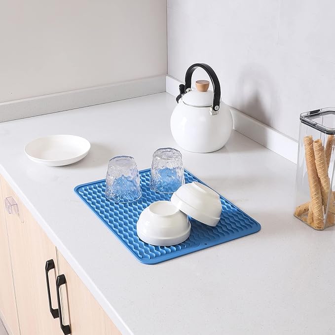 MicoYang Silicone Dish Drying Mat for Multiple Usage,Easy clean,Eco-friendly,Heat-resistant Silicone Mat for Kitchen Counter or Sink,Refrigerator or drawer liner Lichen BlueL L 16 inches x 12 inches