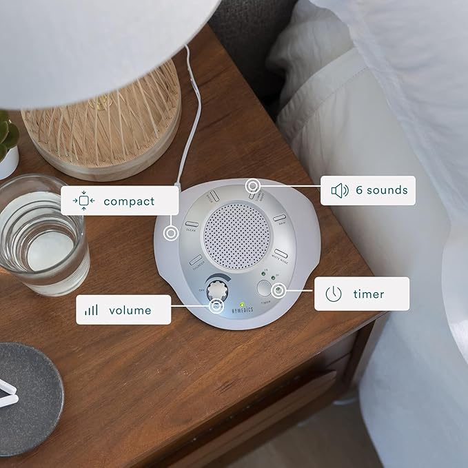 Homedics SoundSleep White Noise Sound Machine, Silver, Small Travel Size with 6 Relaxing Nature Sounds, Portable Therapy for Home, Office, Nursery, Auto-Off Timer
