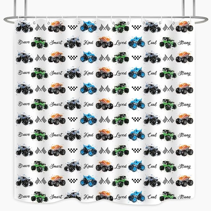 Kids Monster Truck Shower Curtain Cool Boys Cartoon Cars Inspirational Motivational Words Blue Green Orange Bathroom Decor Waterproof Fabric 72Lx72W inch with 12PCS Hooks