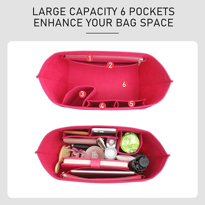 Felt Purse Organizer Insert Compatible with Longchamp Le Pliage Large and More, Zipper Long Champ Bag Organizer Insert with Cup Holder, 8 Compartments (Rose Red,L)