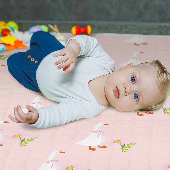 Funtery 43 x 43 Inch Baby Playmat Portable Crawling Washable Foldable Tummy Time Non Slip Baby Floor Large Playpen Mat for Infants Toddlers Floor Playpen Activity (Goose)