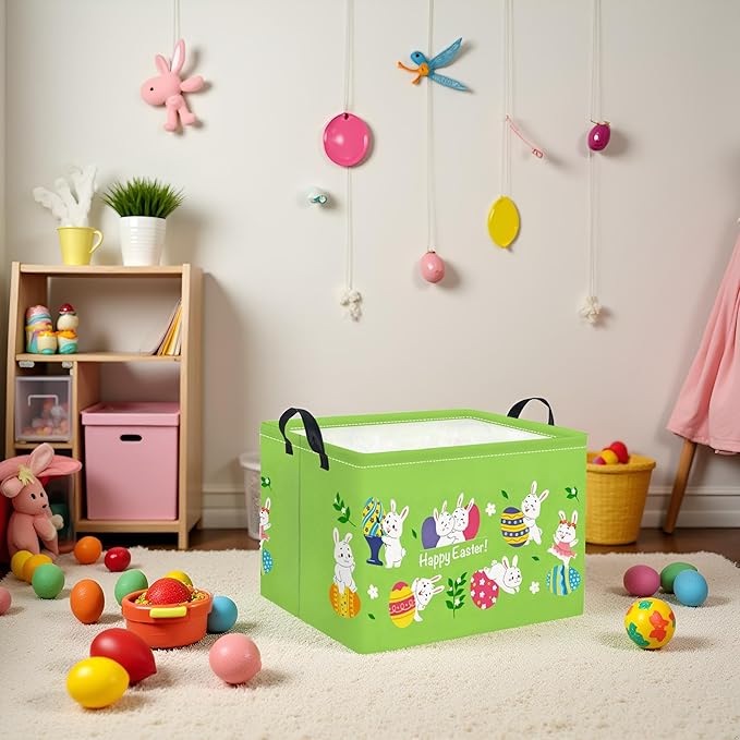 TIBAOLOVER Rectangular Easter Basket Easter Gift Basket for Kids Baby Storage Basket Cute Toy Storage Bin Organizer Shelf Book Basket Easter Room Decor(Green Easter Basket)
