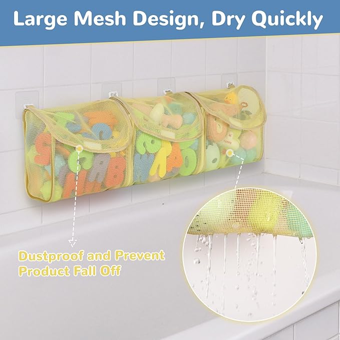 Bath Toy Storage, Detachable 3 Compartments Bath Toy Holder, Large Capacity Bathtub Toy Storage, Mesh Beach Toy Bag Shower Caddy Organizer for Bathroom Beach - Yellow