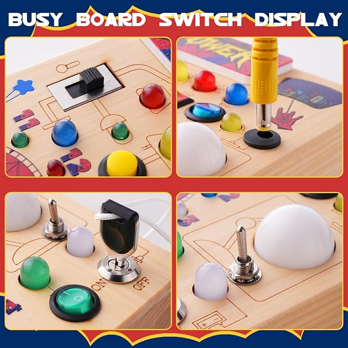TYMGCHQ Montessori Busy Board with 22 LED Light, Montessori Toys for 3 + Years Old Boys Girls, Wooden Sensory Preschool Learning Toys for Kids, Travel Fidget Board Kids Birthday