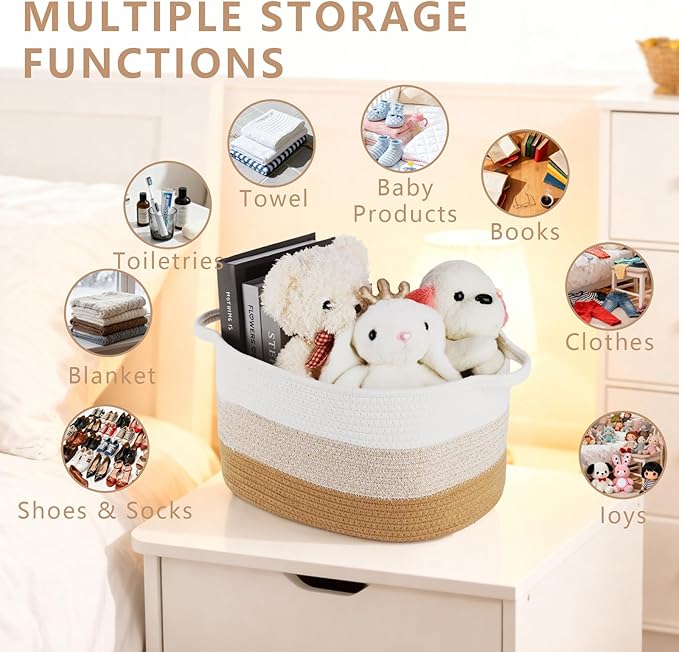 AOFANGSHIYE Cotton Rope Braid Storage Basket for Baby Carrier Toy Storage Bag Gift Basket for Kids Laundry Basket Baby Blanket Storage Measures 15x10x10 inches. (Khaki White)