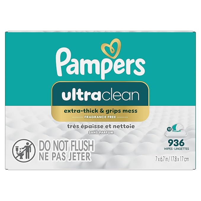 Pampers Ultraclean Baby Wipes (Previously 'Free & Gentle'), 99% Water, Hypoallergenic, Unscented, 100% Plant Based, Plastic-Free, 936 Wipes Total (12X Flip-Top Packs)