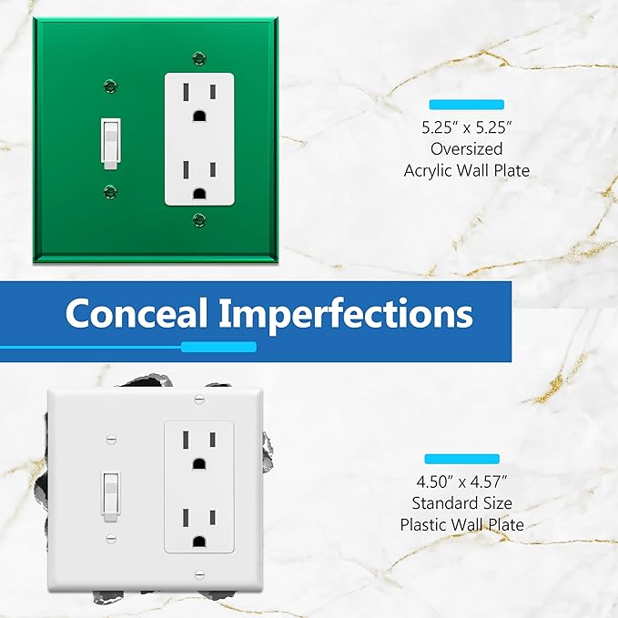 LIDER Reflective Acrylic Combination Wall Plate, Mirrored Double Switch Plate, Combo Toggle Switch and Decorator Outlet Cover, Acrylic Glass, Oversized 2-Gang 5.25" x 5.25", LWP-1131O-AGR, Green
