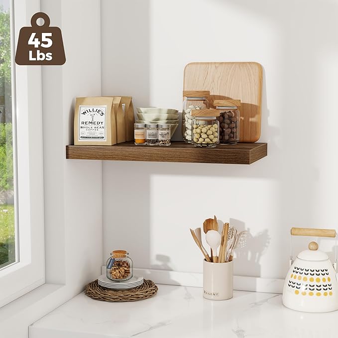 Fun Memories 24 x 12 Inch Deep Floating Shelves, 12 Inch Deep Rustic Wooden Book Shelf, Extra Deeper & Thicker Hanging Shelves for Living Room, Bathroom, Bedroom, Kitchen, Office, Set of 3(Walnut)
