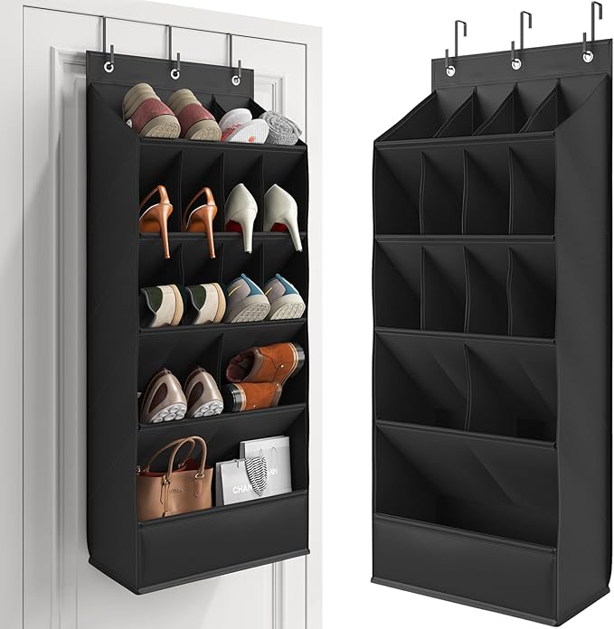 Mefirt Over the Door Shoe Rack with Large Deep Pockets, Door Shoes Organizer for Closet, Hanging Boots Shoe Rack, Behind the Door Narrow Shoe Holder, Multiple Pockets for Flexible Storage, Black ﻿