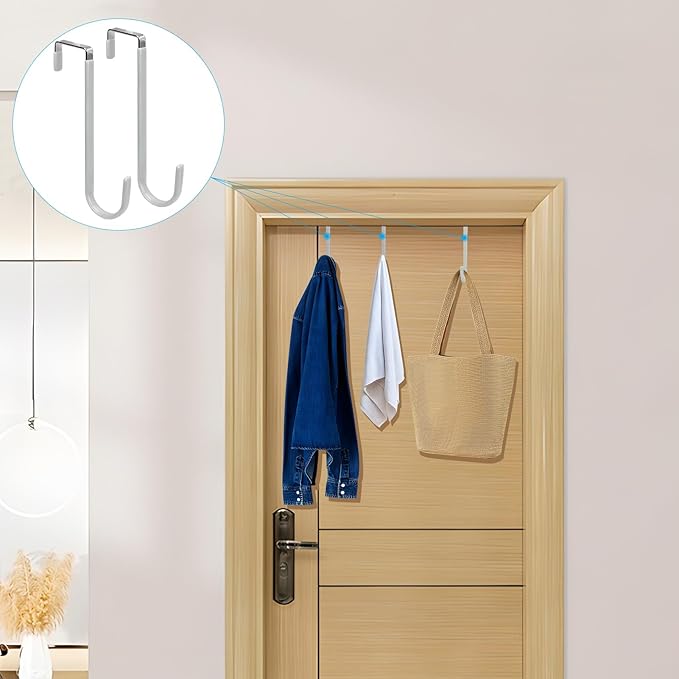 FYY Over the Door Hooks - 4 Pack Upgraded Long Door Hangers Hooks with Rubber Prevent Scratches Heavy Duty Organizer Hooks for Hanging Clothes, Towels, Hats, Coats, Bags Sliver