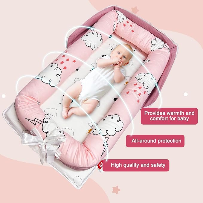 UGRASEA Baby Lounger, Foldable Portable Infant Lounger, Soft Breathable Baby Nest Cover, Suitable for 0-24 Months Newborn Baby Lounger,Home Travel Dual-Purpose Baby Nest (Pink R)