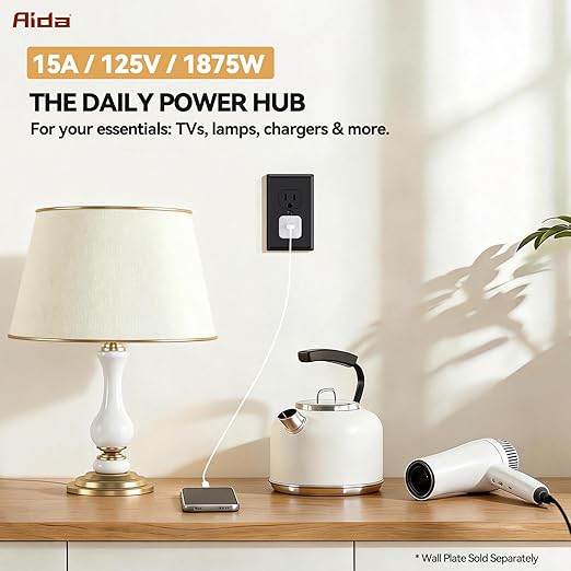 AIDA Duplex Receptacle Wall Outlet, Residential, 3-Wire, Self-Grounding, 15Amp 125V, UL Listed, Push & Side Wire, Black (10 Pack)