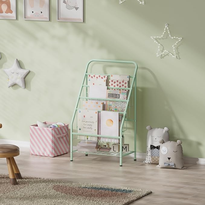JAQ Green Kids Bookshelf, 4-Tier Metal Book Display Rack for Small Space, Child-Safe Forward Facing Toddler Bookshelf for Classroom, Nursery & Playroom, Easy-to-Clean Sling Design (28.35" Height)