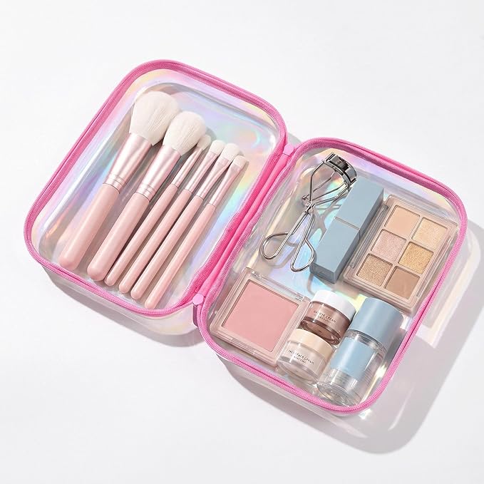 Clear Hard Shell Zipper Case,Makeup Bag,Iridescent Toiletry Bag,2pcs Large Capacity Water-resistant Toiletries Bag,Portable Travel Organizer and Storage,Bathroom Clear Cosmetic Case for Women
