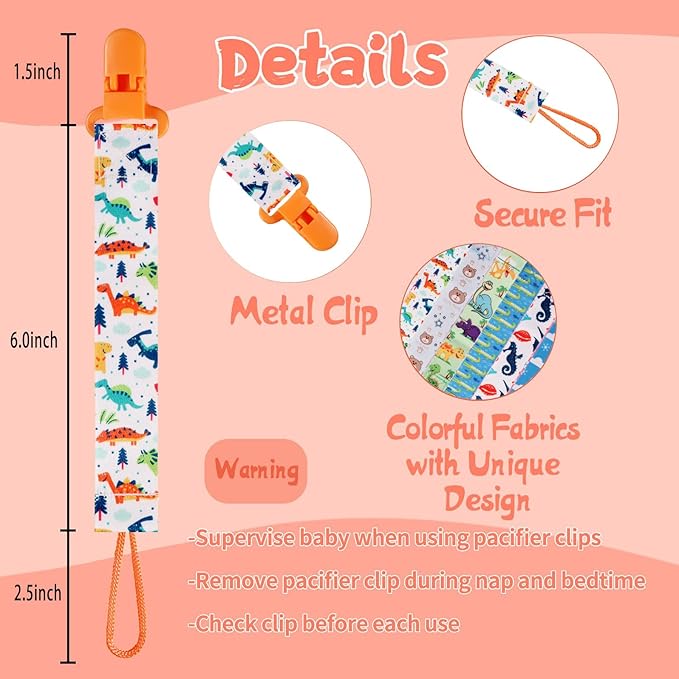 12 Pack Pacifier Clips with Strap 25.5cm - Premium Polyester Baby Pacifier Holder Set, Multi-Design Clips for Boys Girls （Multi Color C）
