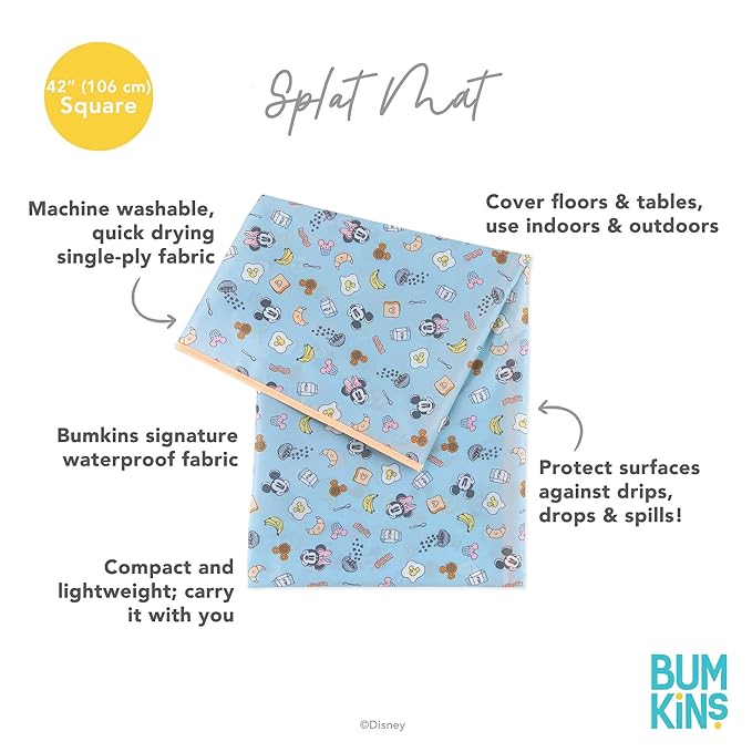 Bumkins Disney Baby Splat Mat for Under High Chair, Babies Toddlers Eating Mess Mat, Waterproof Reusable Cloth for Arts and Crafts, Play Mat for Kids, Floor or Table, Fabric 42inx42in, Mickey & Minnie