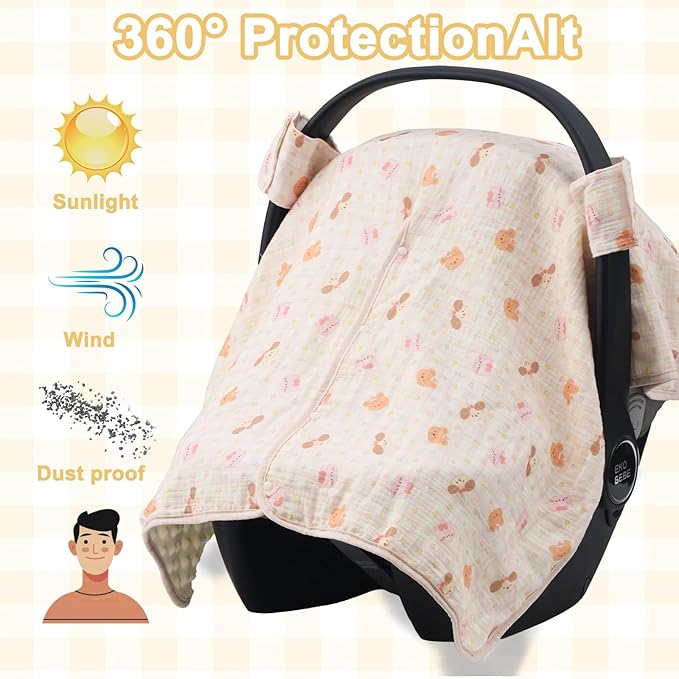 2-in-1 Baby Car Seat Cover, Baby Car Seat Canopy, Mom Nursing Cover，Easy to Install Shield，Multi-Purpose | Winter Warm & Summer Shade Use (Light Pink)