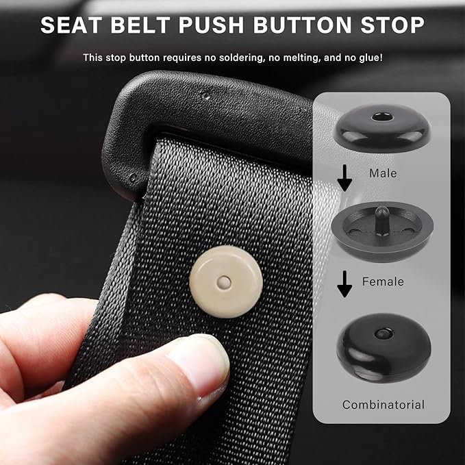 10 Sets Seat Belt Button Stop, Snap-on Seatbelt Stopper Kit Prevent Buckle from Sliding Down, No Welding Required Plastic Safety Belt Stop Clip for Cars Trucks SUVs (Beige)