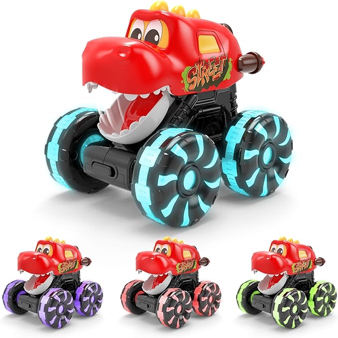 Intoypad Red Chomping Dino Monster Truck Toy – Press and Go Car with LED Light Wheels – Light-Up Push Car for Toddlers Boys Girls Ages 2 3 4 5 – Dinosaur Toy with Moving Mouth Action