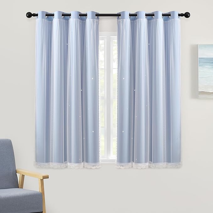 XiDi Blackout Short Curtain 2 Panels for Kitchen Cafe Light Blue Cut Out Hollow Star Curtains for Bedroom Girls Kids W42 x L45 Thermal Insulated Grommet Top Thermal Insulated Window Treatments 34x54
