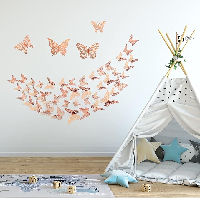 3D Gold Butterfly Wall Decor 3 Sizes 4 Styles Butterfly Party Decorations Cake Decorations Removable Stickers Wall Decor Room Mural Metallic Kids (Rose Gold, 96Pcs)