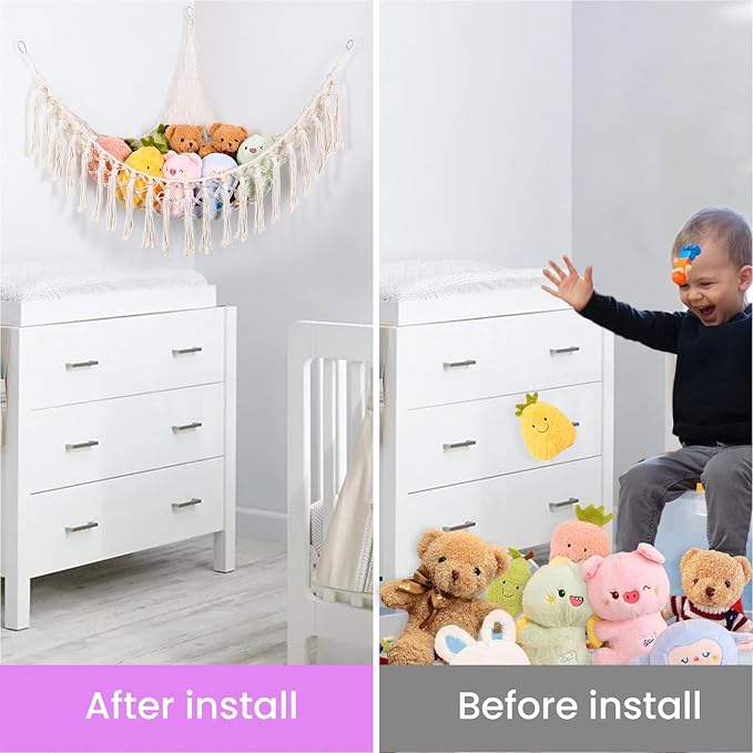 Stuffed Animal Hammock 75LEDs, 20 Colors Warm White 55in Extra Large Storage Macrame Hammock with Remote, USB Powered Hanging Plush Animal Net for Kids Bedroom Doll Room Corner Organizer(XL)