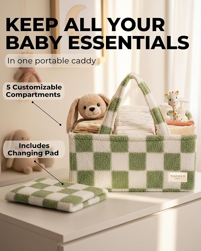 Toodly Checkered Diaper Caddy Organizer with Portable Changing Mat - Teddy Fleece Diaper Organizer for Changing Table - Caddy Organizer with Removable Dividers - Green and White