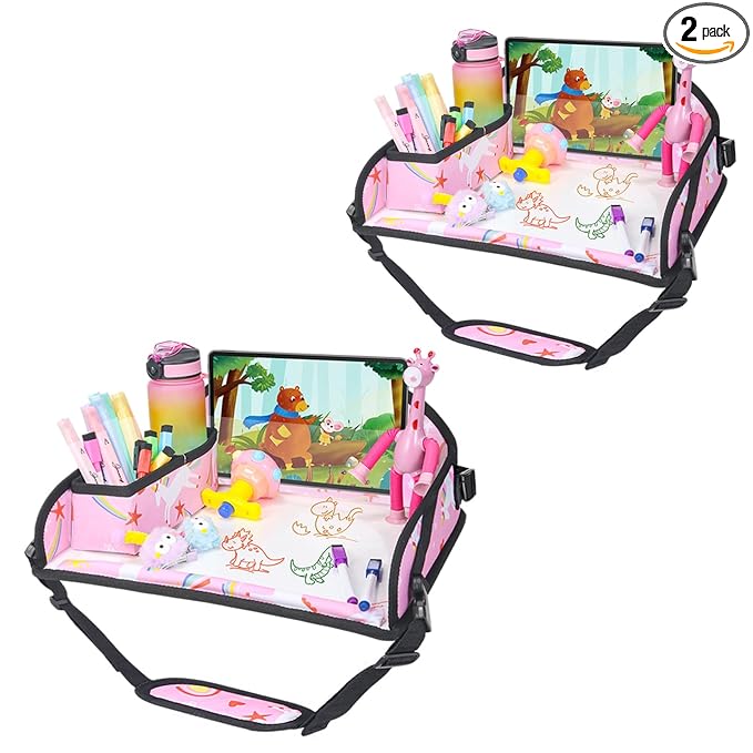Upgraded Kids Travel Tray for Car Seat - Travel Tray for Airplane, Toddler Lap Tray, Carseat Lap Desk for Kids Road Trip Activities, Pink Unicorn - 2 PCS