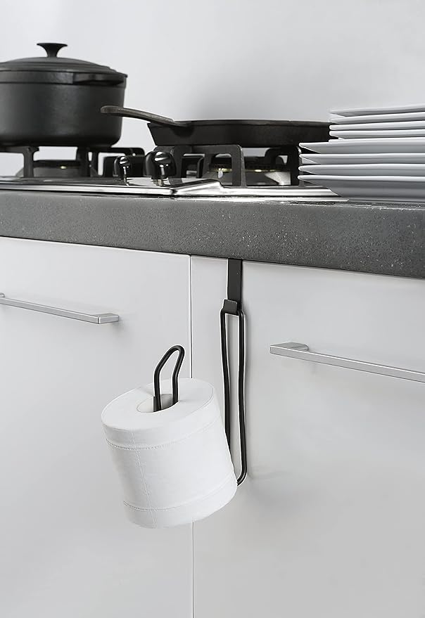 SunnyPoint Over The Tank Toilet Tissue Paper Roll Holder Dispenser and Reserve for Bathroom Storage and Organization - Metal, Hanging, Holds 1 Roll (Black)