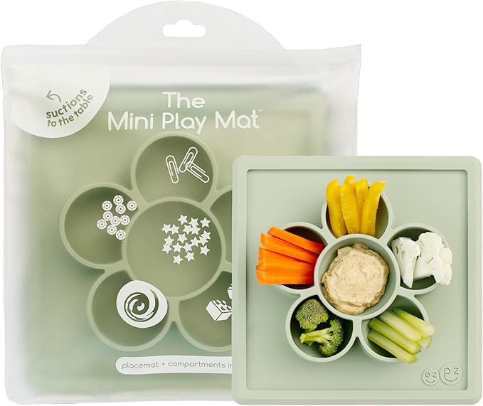 ezpz Mini Play Mat for Baby + Toddler (Sage) - 6 Months+ - Suction Plate with Flower Compartments for Crafts, Painting, Sorting, Snack Time - Promotes Pincer Grip