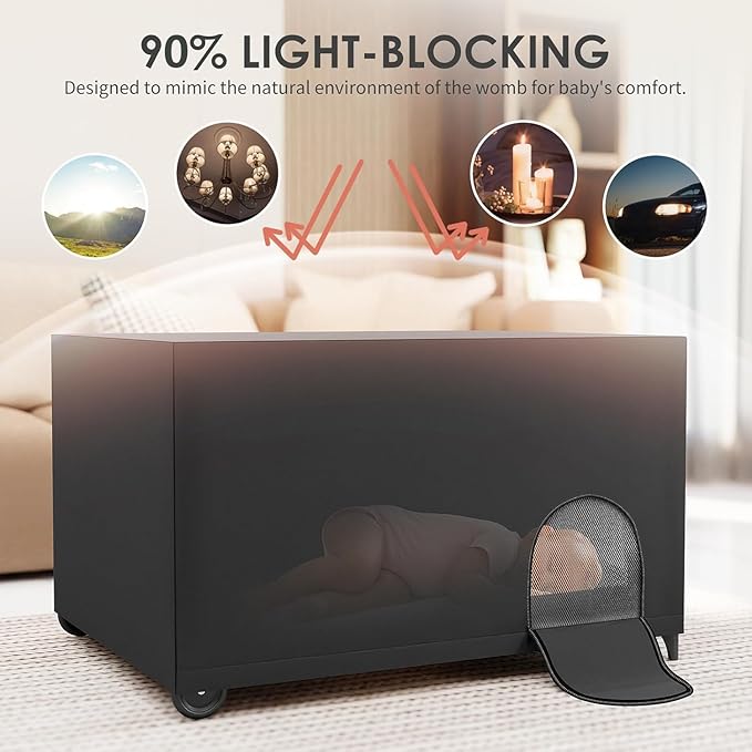 Crib Blackout Cover for Pack N Play, Portable Travel Crib Canopy Cover with Storage Bag, Stretchy Breathable Playard Netting Cover for Indoor Outdoor, Blocks 90% Light, Black
