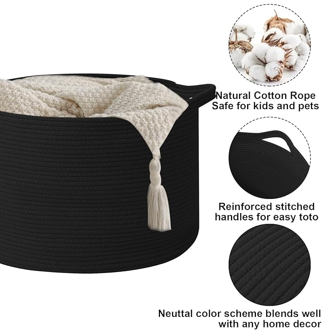 Large Storage Basket with Handle,19.7" L x 19.7" W x 13" H Blanket Basket Storage Bins for Organizing,65L Cotton Rope Woven Baskets for Living Room, Nursery,Bedroom,Black